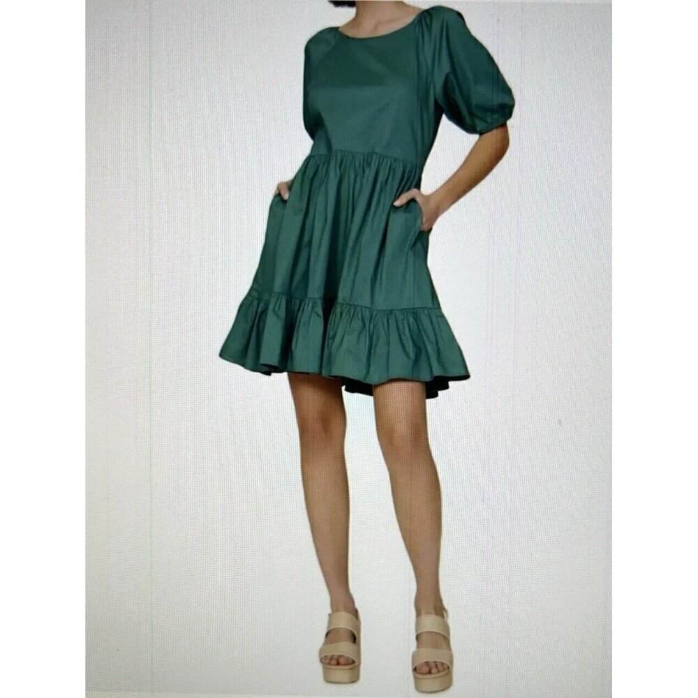 Peter Som Puff Sleeve Ruffle Trim Open Back Mini Dress in Green Size 4